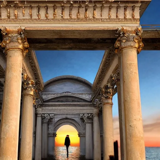 Image similar to A woman wrapped in billowing veils, ankle-deep in water under an archway with two gilded Roman columns made of human bones, sunset, super photo-realistic, detailed, 4k