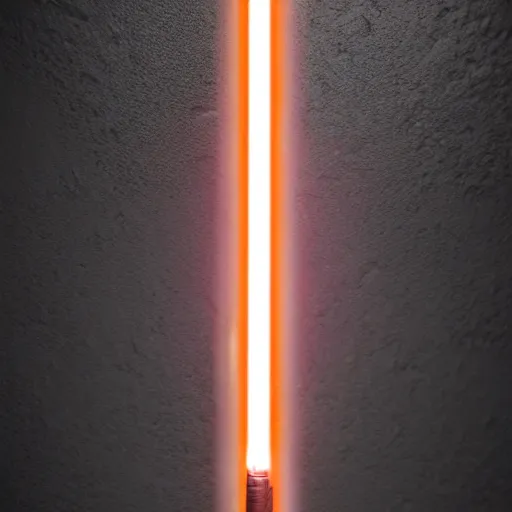 Image similar to ultra - detailed cinematic render, of a lightsaber hilt, lying vertically on a stone, lit up in a dark room, octane render, high quality, digital art, 8 k, jedi fallen order teaser, volumetric lighting