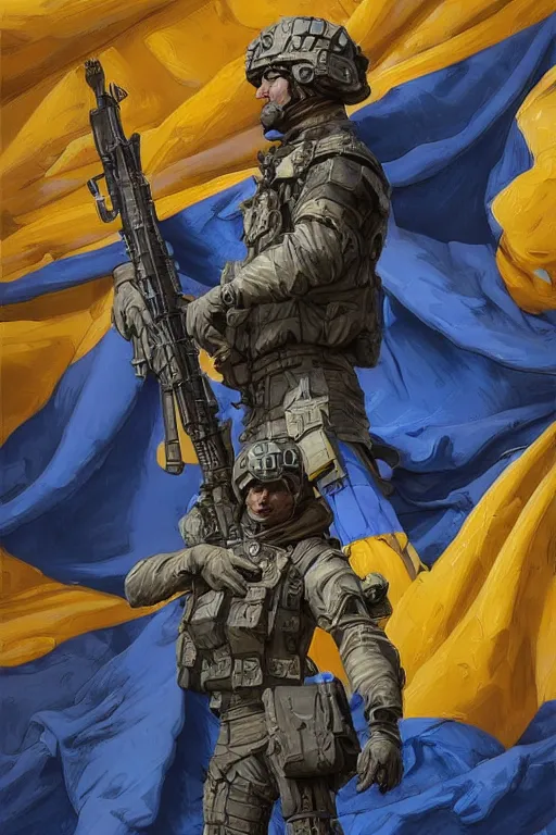 Image similar to special forces soldier installin ukrainian blue and yellow flag on red square kremlin, masculine figure, d & d, fantasy, bright atmosphere, volumetric lights, intricate, elegant, extremely detailed, digital painting, artstation, concept art, matte, smooth, sharp focus, hyper realistic, illustration, art by artgerm and greg rutkowski and alphonse mucha