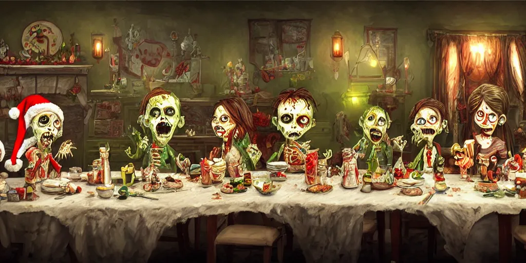 Image similar to a zombie family christmas diner, wide angle, super highly detailed, professional digital painting, artstation, concept art, smooth, sharp focus, no blur, no dof, extreme illustration, unreal engine 5, photorealism, hd quality, 8 k resolution, cinema 4 d, 3 d, beautiful, cinematic, art by tim burton