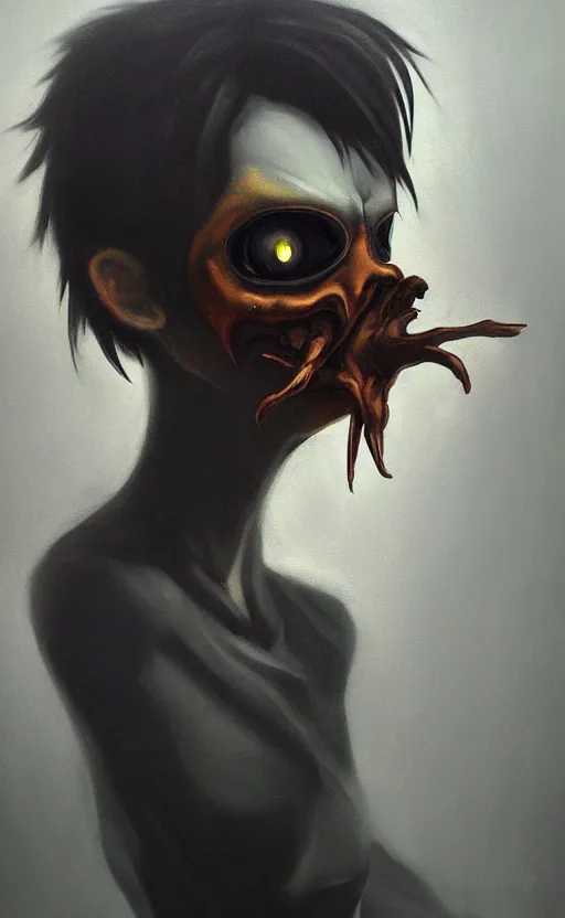 Prompt: dark portrait painting of tracer from overwatch, in style of zdzisław beksinski, scary, horror, overwatch tracer character, dressed in dark garment,