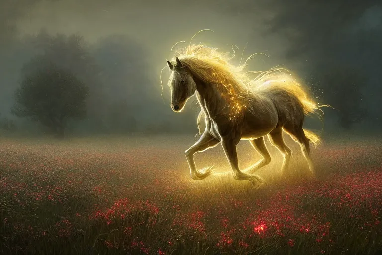 Image similar to a stunning digital painting of a horse made of instricately engraved gnarled wood with a mane of bioluminescent flowers running through a field of flowers by greg rutkowski, flowercore, volumetric light, digital art, fine detail, photorealistic