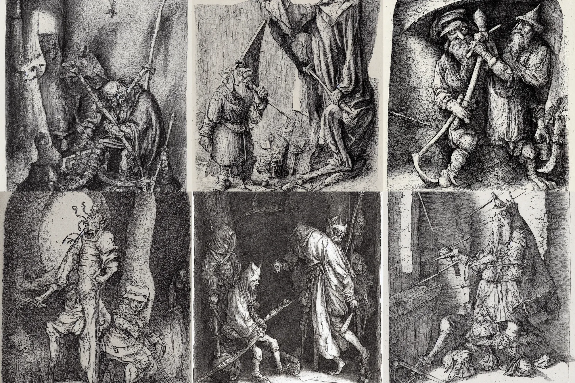Prompt: a pen and ink wash corner illustration of a medieval jester with a wooden leg in the style of hieronymus bosch by gustave dore, john blanche, ian miller, highly detailed, strong shadows, depth, pen and ink wash