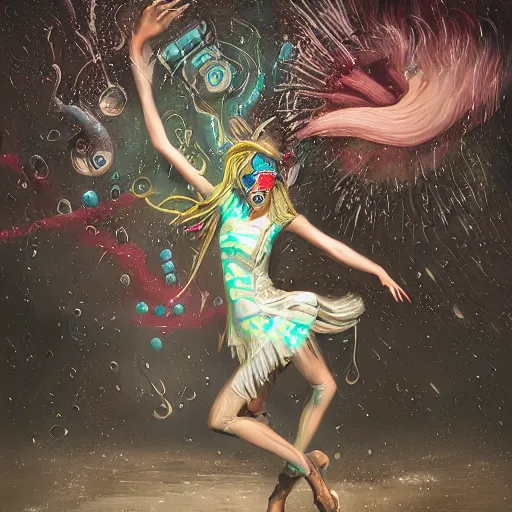 Image similar to a atompunk art raver girl dancing on beach rain and fog peter mohrbacher and chris dyer, intricate detail, finely detailed, small details, extra detail, photorealistic, high resolution, vray, hdr, hyper detailed, insane details, intricate, elite, ornate, elegant, luxury, dramatic lighting, octane render, weta digital, micro details, 3 d sculpture