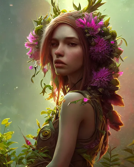 Image similar to epic professional digital image of a hybrid girl of plants and flowers, fox digs, reina rachin, ignacio fernandez rios, leesha hannigan, wayne haag, artstation, cgsocietywlop, epic, a lot of wow, a lot of detail, gorgeous, detailed, cinematic, masterpiece