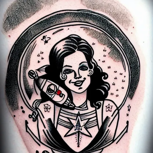 Prompt: old school, traditional style tattoo sketch of beautiful redhead girl, in space riding a rocket, in front of jupiter planet, red, black brown colors drawn by sailor jerry, vic james, electric martina, heath clifford, kimi vera