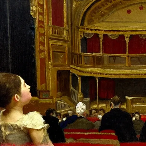 Image similar to a young man watching an actress on stage in an old theater, by alfred stevens