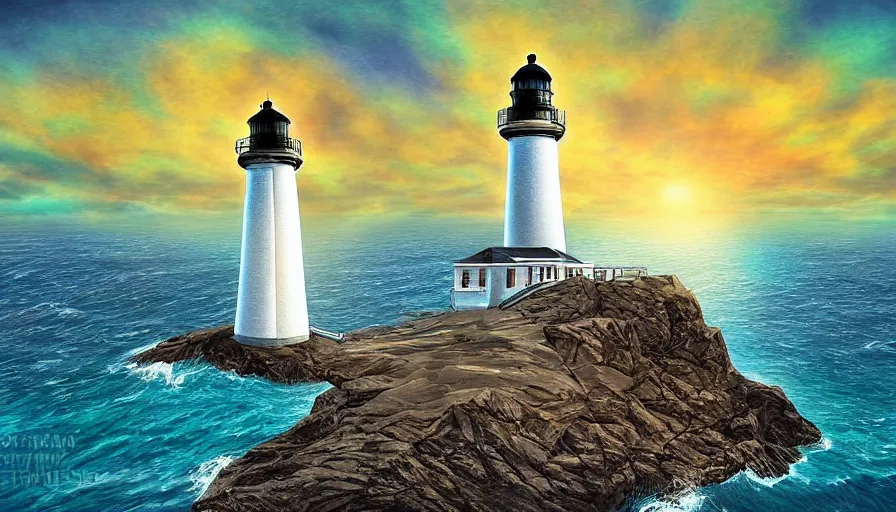 Image similar to a ufo hovers over a lighthouse out at sea, digital art, highly detailed, realistic, bright colors, 8 k