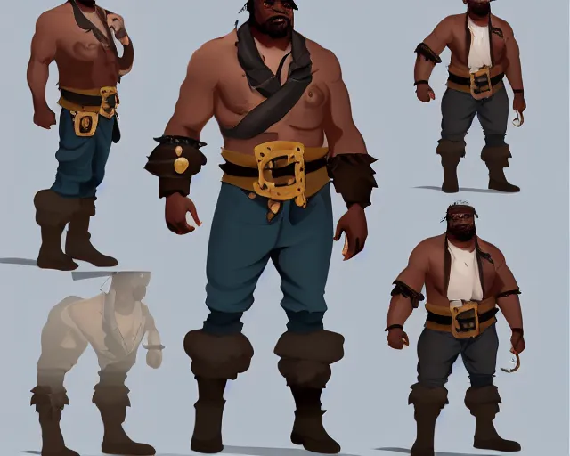 Image similar to sea of thieves character portrait concept art for a huge hulking muscular african american man wearing a blue jacket shirt pants and boots with a pegleg, cgsociety, trending on artstation, character sheet, model sheets, angles, reference, rare ltd,