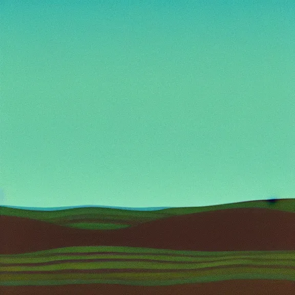 Image similar to rolling hills landscape, teal gradient, boards of Canada film photography 70's, album art