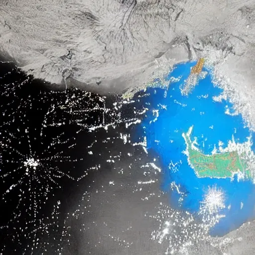 Image similar to map of india, glowing with bright white light, photographed from space