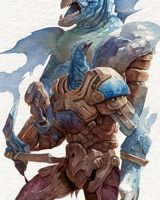 Image similar to a watercolor painting full body character portrait of a humanoid dinosaur paladin / cleric in the style of moebius in the style of leonard boyarsky trending on artstation deviantart pinterest furaffinity detailed photorealistic highlights and shadow hd 8 k post - processing high resolution