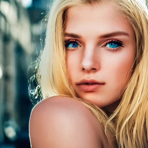 Image similar to wide shot of a beautiful blond girl with human face and cyborg body, cute - fine - face, pretty face, realistic shaded perfect face, fine details, 8 k, shallow depth of field, moody lighting, cinematic lighting,
