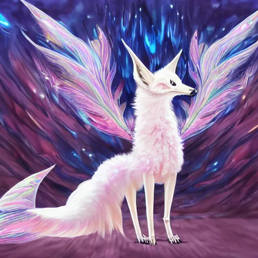 Prompt: painting of a skeletal kitsune, long white fox ears, mage clothes inspired by a demonic peacock, 9 brilliant peacock tails that shimmer like crow feathers and rainbow oil, painted by a master artist, sparkles, pink cloud background, vhs effects, dnd beyond, fae, neon, photo realistic, renaissance, trending on art station