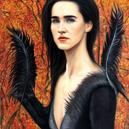 Image similar to detailed realistic oil painting youthful young jennifer connelly with black feathers instead of hair, dark fae, black lips, gray mottled skin, feathers growing out of skin, feathers growing from arms, black hands with long black claws, pale and sickly, profile view, full body, gothic, - - ar 9 : 1 6