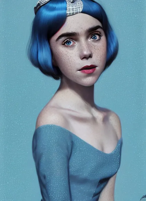 Image similar to portrait of kiernan shipka with freckles, white hair, 1 9 6 0 s bob hairstyle with bangs and hairband, blue 1 9 6 0 s dress, intricate, elegant, glowing lights, highly detailed, digital painting, artstation, concept art, smooth, sharp focus, illustration, art by wlop, mars ravelo and greg rutkowski