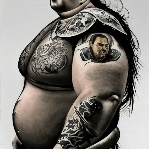 Prompt: tattoo design, a professional painting of a beautiful young obese steven seagal, partially clothed in battle armor, olive skin, long dark hair, beautiful bone structure, symmetrical facial features, intricate, elegant, digital painting, concept art, smooth, sharp focus, illustration, from Metal Gear, by Ruan Jia and Mandy Jurgens and Greg Rutkowski and Artgerm and William-Adolphe Bouguerea and artgerm, cat girl, anime