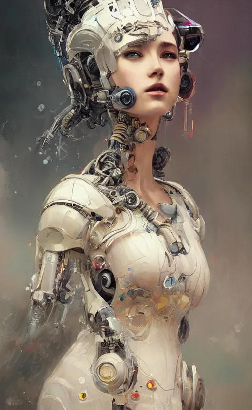 Prompt: a beautiful painting of a crowned robotic cyberpunk princess with stunning face in a flowing gown, intricate, elegant, highly detailed, digital painting, artstation, concept art, by krenz cushart and artem demura and william adolph bouguereau
