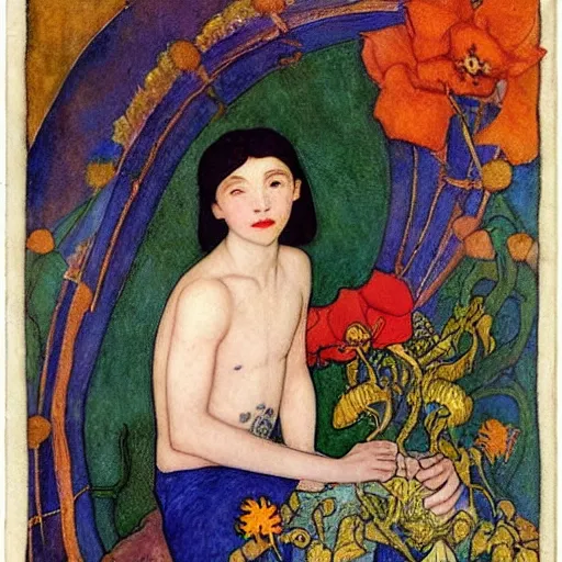 Image similar to the flower prince, by Annie Swynnerton!!!! and Nicholas Roerich! and (Edmund Dulac) and ((((Diego Rivera)))), tattoos, elaborate costume, geometric ornament, symbolist, rich colors, dramatic lighting, smooth, sharp focus, extremely detailed