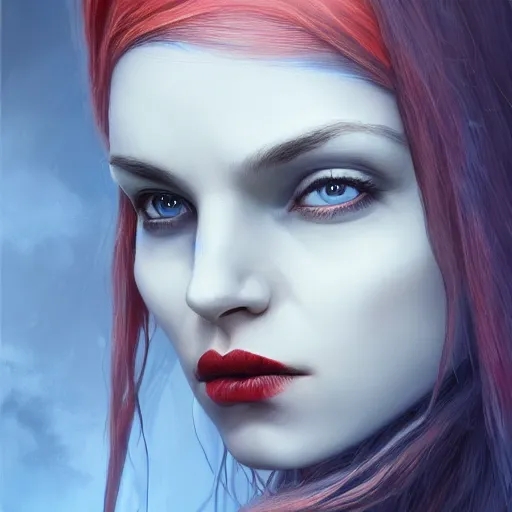 Image similar to A detailed matte oil on canvas head on symmetrical portrait of a distinguished elven woman with red and blue hair on an empty background, by Charlie bowater, Lise Deharme, Wlop, trending on artstationhd, dungeons and dragons art, parted hair , half blue, half red , split dye, critical role