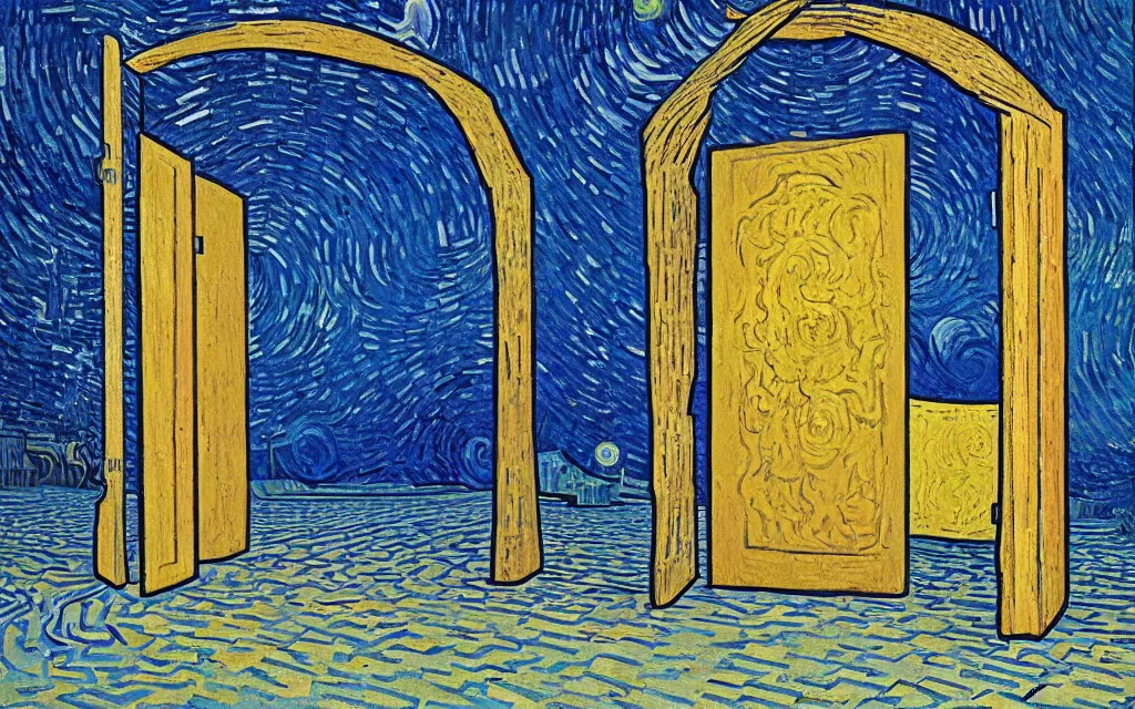 Image similar to rectangular portal gate to another world. fractal. retro minimalist art by jean giraud and van gogh