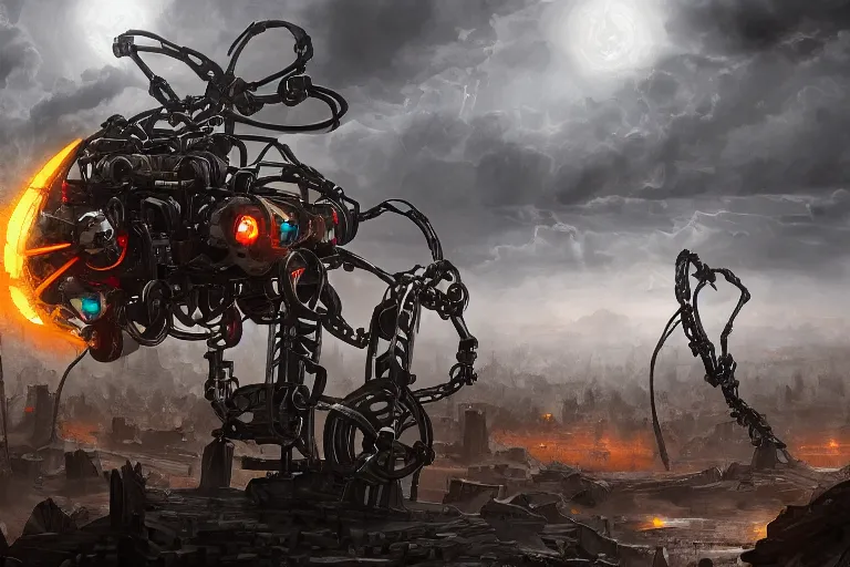 Image similar to apocalyptic a mechanical spider robot with guns digital painting, mixed media, trending on artstation and deviantart, epic composition, highly detailed, 8 k