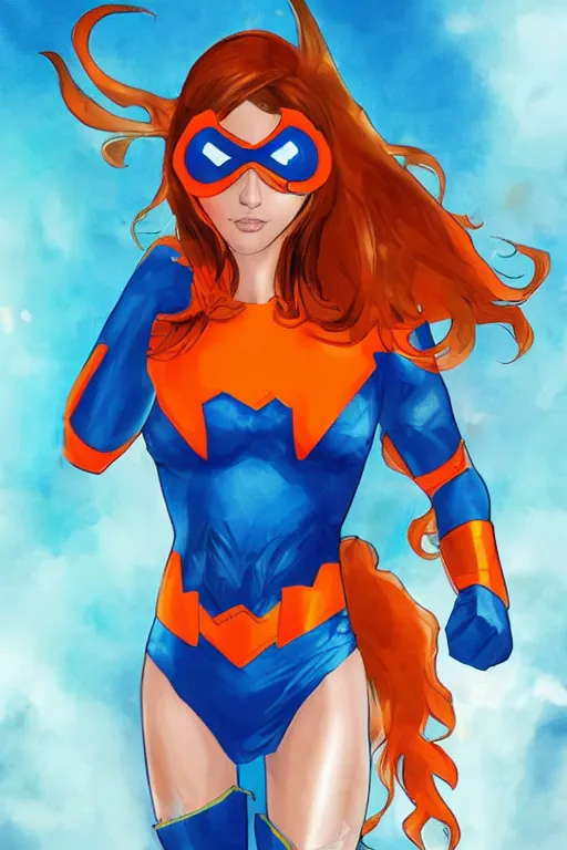 Image similar to blue eyed female Latin superhero with long hair and orange transparent goggles, WLOP, by marvel, trending on artstation