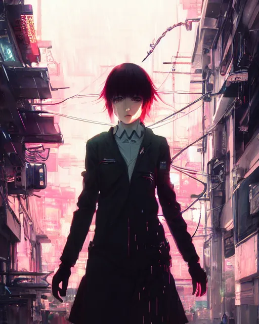 Prompt: kyoto animation, cool lady wearing cyberpunk intricate warcore, beautiful, detailed portrait, cell shaded, 4 k, concept art, by wlop, ilya kuvshinov, artgerm, krenz cushart, greg rutkowski, pixiv. cinematic dramatic atmosphere, sharp focus, volumetric lighting, cinematic lighting, studio quality