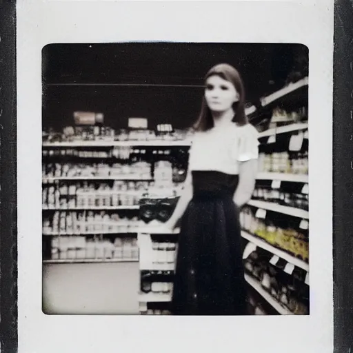 Prompt: a very beautiful old Polaroid picture of a young women inside a supermarket, award winning photography