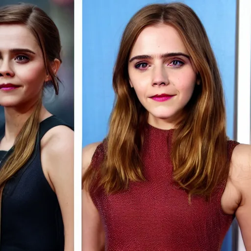 Image similar to a woman who is a genetic combination of elizabeth olsen and emma watson face and upper - body focus