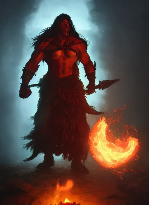 Prompt: A fantasy comic book style portrait painting of a brutal muscular male cleric druid spell casting flames in a atmospheric dark fortress, unreal 5, magician, DAZ, hyperrealistic, octane render, RPG portrait, ambient light, dynamic lighting