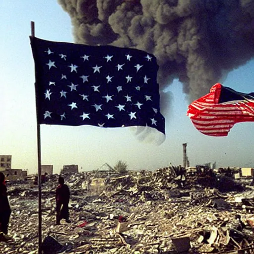 Prompt: iraq in 2 0 0 3 being destroyed by rockets, american flag somewhere »