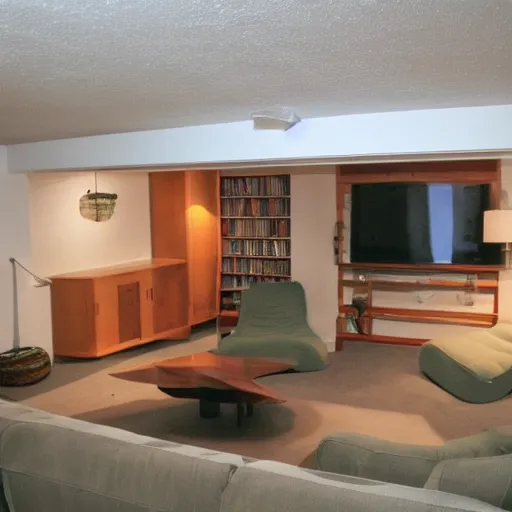 Prompt: basement of a furnished 1970s house