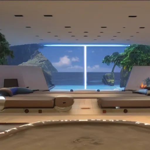 Prompt: video game set inside a beautiful futuristic mansion, mirror's edge, clean, views to the ocean