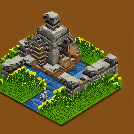 Image similar to the lord of the rings. isometric, voxels, game art.