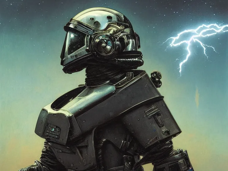 Image similar to a detailed profile oil painting of a lone shock trooper in a space armour with reflective helmet, cinematic sci-fi poster. technology flight suit, bounty hunter portrait symmetrical and science fiction theme with lightning, aurora lighting clouds and stars by beksinski carl spitzweg and tuomas korpi. baroque elements, full-length view. baroque element. intricate artwork by caravaggio. Trending on artstation. 8k