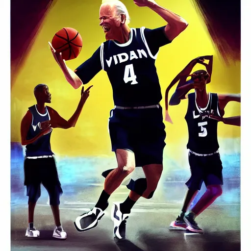 Image similar to Biden playing basketball, digital art , highly detailed , high contrast, beautiful lighting, award winning , trending on art station, photorealistic, 8k