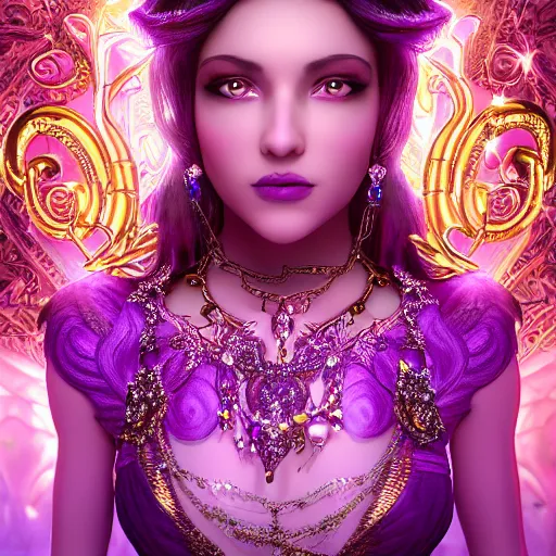 Image similar to portrait princess of amethyst, glowing, ornate and intricate purple jewelry, jaw dropping beauty, glowing background lighting, purple accent lighting, hyper detailed, fairy tale, 4 k octane render