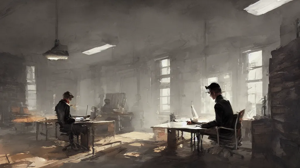 Prompt: interior of an office with a worker taking notes, watercolored, jakub rozalski, dark colours, dieselpunk, artstation