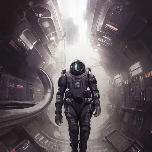 Image similar to scifi art by greg rutkowski, a man in wearing a futuristic tactical space suit, preparing to activate the ship's self - destruct sequence, claustrophobic and futuristic environment, detailed and intricate environment, high technology, highly detailed portrait, digital painting, artstation, concept art, smooth, sharp foccus ilustration, artstation hq.