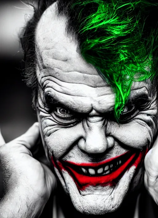 Prompt: photo of Jack Nicholson as the Joker with green hair by Lee Jeffries, smile, head shot, detailed, award winning, Sony a7R