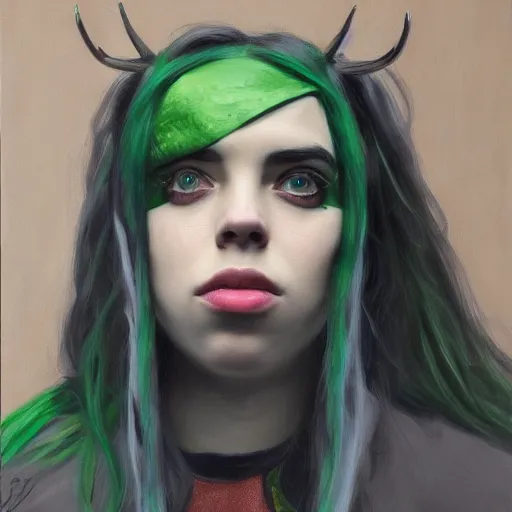 Prompt: Billie Eilish as female loki, oil on canvas, noir, trending on artstation