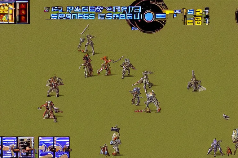 Prompt: scifi cybernetic fantasy steppe-themed hungarian slavic mecha floral divine holy being light jrpg ps1 turn-based battle sequence combat gameplay screenshot dynamic action scene, in the style of final fantasy, star ocean, resonance of fate, xenogears, nier automata