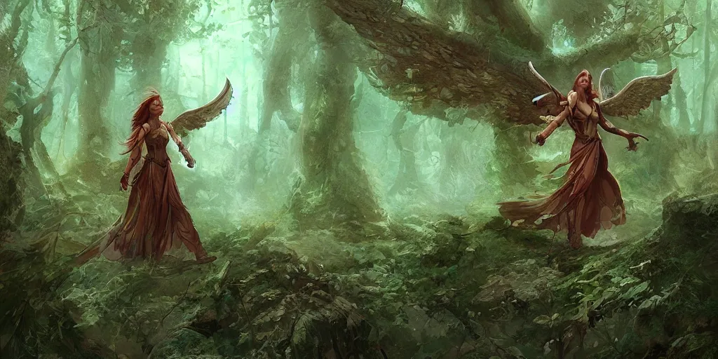 Image similar to a female angel warrior reigns on a magical forest, marc simonetti, detailed, artstation