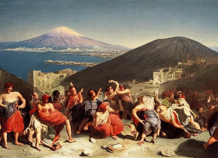 Image similar to detailed painting of average greeks drink wine and have fun against the backdrop of mount vesuvius starting to erupt by brullov, based on the brulliv painting the last day of pompeii