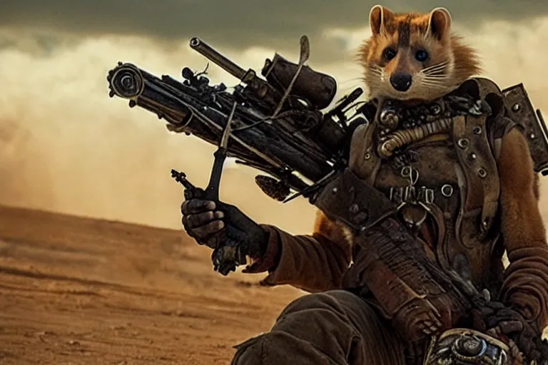 Image similar to a good ol'weasel fursona ( from the furry fandom ), heavily armed and armored facing down armageddon in a dark and gritty version from the makers of mad max : fury road. witness me.