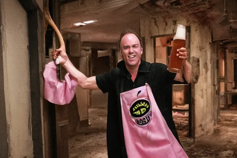 Image similar to michael keaton batman covered in beer wearing pink apron wielding an axe, chasing through old brown decrepit hallway, creepy smile, atmospheric eerie lighting, photorealistic face, dim lighting, bodycam footage, motion blur, photography