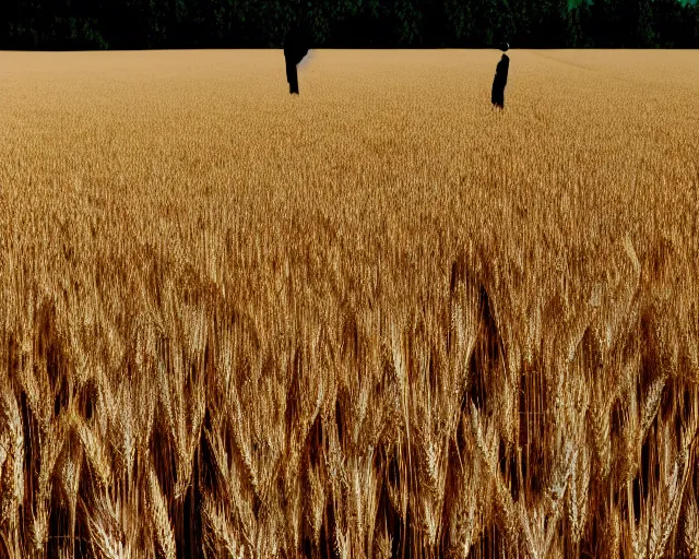 Image similar to extreme long shot of walter white and gustavo fring stand facing each other from a distance in a wheat field, low angle, side view, 8 5 mm photograph, 8 k resolution, wide shot, sharp lens, high detail, cinematic