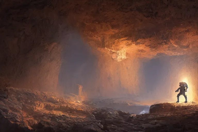 Prompt: a guy with a helmet explores a cave with pictures on the walls, expressive oil painting, digital art, by dan mumford, by greg rutkowski, volumetrics, octane render