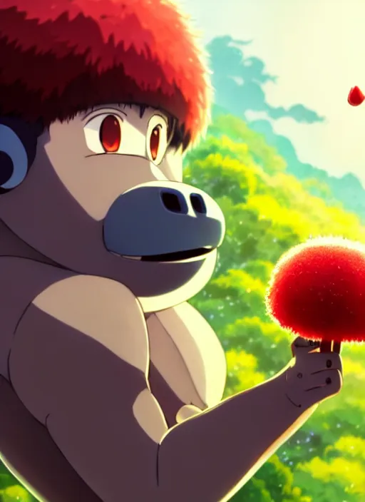 Image similar to wholesome cartoon anime gorilla holding a very small red mushroom, chilled out smirk on face, sunny sky background, lush landscape, illustration concept art anime key visual trending pixiv fanbox by wlop and greg rutkowski and makoto shinkai and studio ghibli and kyoto animation, symmetrical facial features, red headphones on head